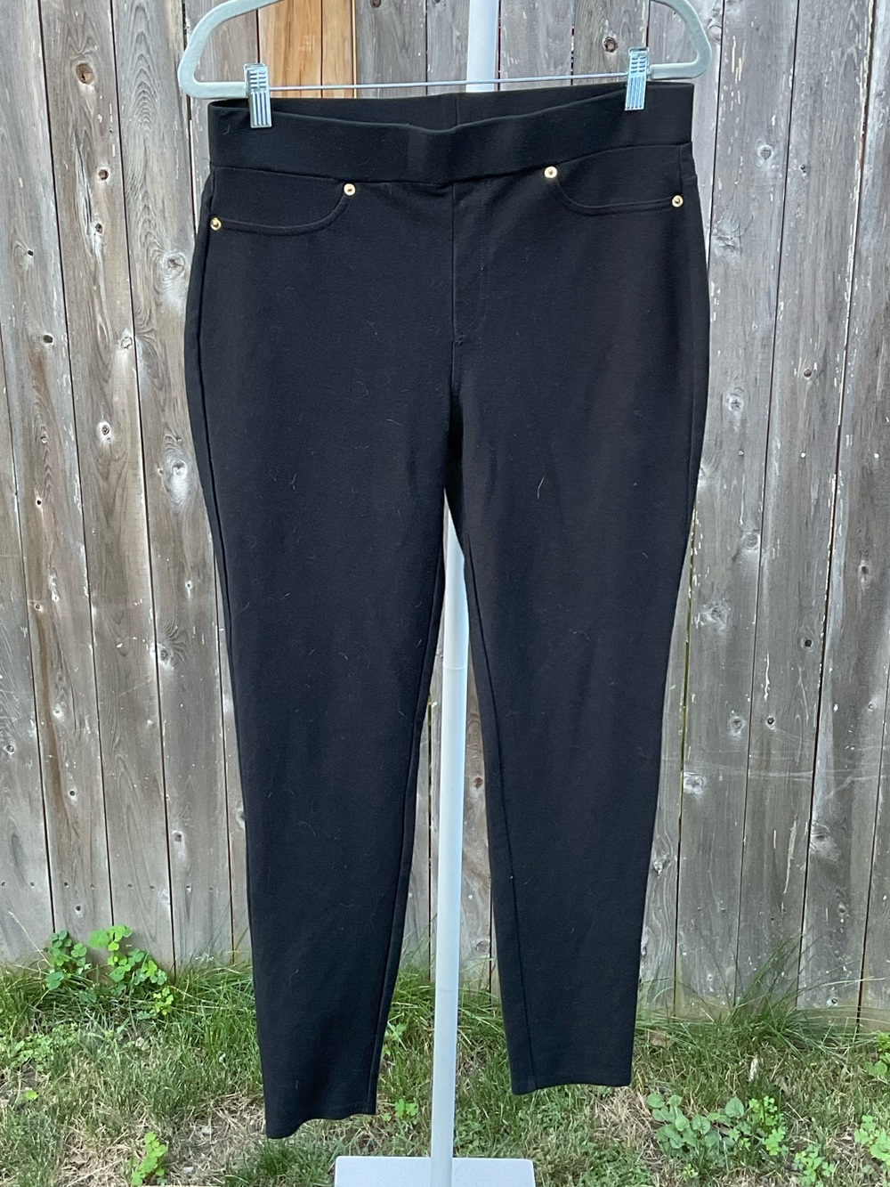Michael Kors Black Cropped Slim Ponte Pants with Gold Rivet Accents